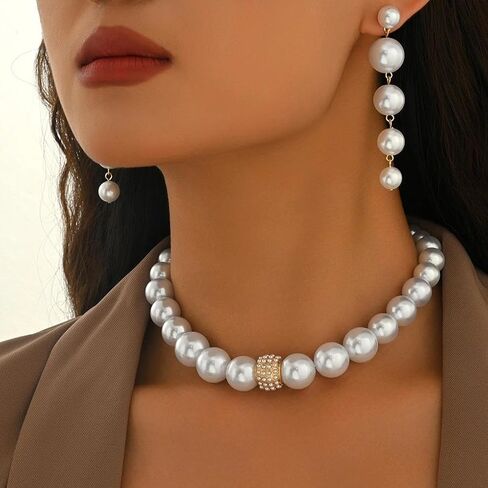 Vintage Chunky Pearl Jewelry Set for Women, Geometric Imitation Pearl Beaded Choker Necklace Dangle Drop Earrings Bridal Jewelry Party Gifts in Saudi Arabia