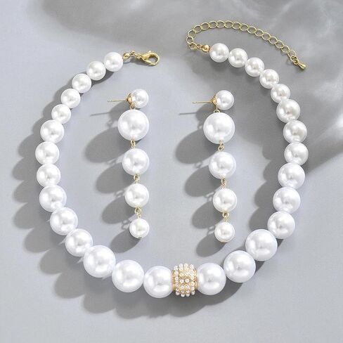 Vintage Chunky Pearl Jewelry Set for Women, Geometric Imitation Pearl Beaded Choker Necklace Dangle Drop Earrings Bridal Jewelry Party Gifts in Saudi Arabia