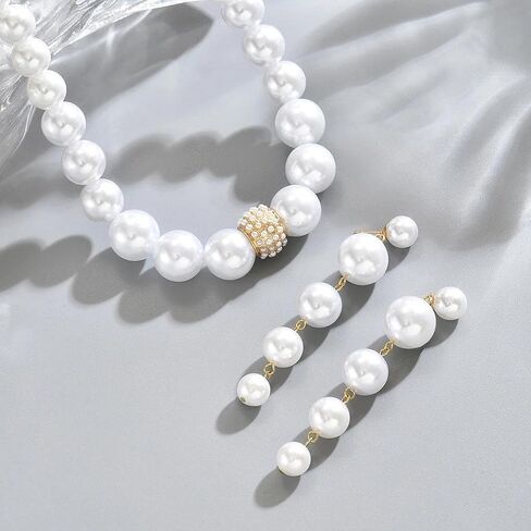 Vintage Chunky Pearl Jewelry Set for Women, Geometric Imitation Pearl Beaded Choker Necklace Dangle Drop Earrings Bridal Jewelry Party Gifts in Saudi Arabia