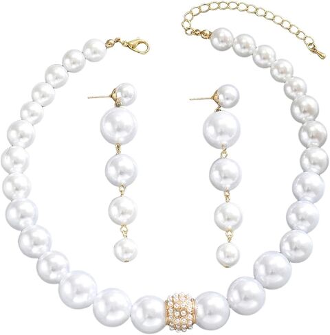 Vintage Chunky Pearl Jewelry Set for Women, Geometric Imitation Pearl Beaded Choker Necklace Dangle Drop Earrings Bridal Jewelry Party Gifts in Saudi Arabia