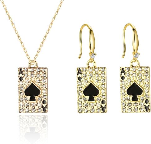 Playing Card Necklace Earring Set for Women Gold Silver Punk Steel Good Luck Rock Ace Hip Hop Unisex Jewelry Gift in Kuwait