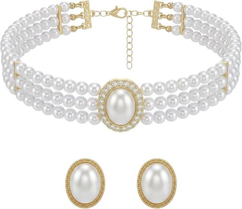 Ymapinc Big Pearl Choker Necklace and Earring Set for Women, Vintage Faux Pearl Jewelry Set, Bride Wedding Prom Party Costume Accessories, Elegant Classic Pearls Choker Gift in Kuwait