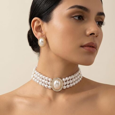 Ymapinc Big Pearl Choker Necklace and Earring Set for Women, Vintage Faux Pearl Jewelry Set, Bride Wedding Prom Party Costume Accessories, Elegant Classic Pearls Choker Gift in Kuwait