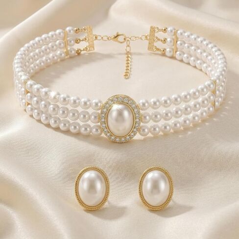 Ymapinc Big Pearl Choker Necklace and Earring Set for Women, Vintage Faux Pearl Jewelry Set, Bride Wedding Prom Party Costume Accessories, Elegant Classic Pearls Choker Gift in Kuwait