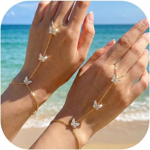 2PCS Gold Hand Chain Bracelet Set for Women, Dainty Finger Bracelet with Butterfly/CZ Stations, Adjustable Hand Harness Jewelry, Trendy Hand Chain Jewelry for Wedding, Party, Gift in Saudi Arabia