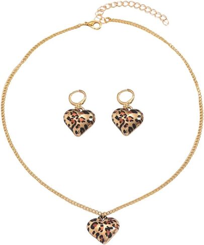 Leopard Print Heart Earrings Necklace Jewelry Set for Women Gold-Tone Exaggerated Heart Shaped Animal Print Pendant Necklaces Chunky Statement Dangling Hoop Earrings Adjustable Chain Fashion Trendy Jewelry in Kuwait