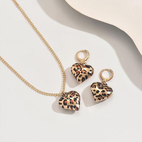 Leopard Print Heart Earrings Necklace Jewelry Set for Women Gold-Tone Exaggerated Heart Shaped Animal Print Pendant Necklaces Chunky Statement Dangling Hoop Earrings Adjustable Chain Fashion Trendy Jewelry in Kuwait
