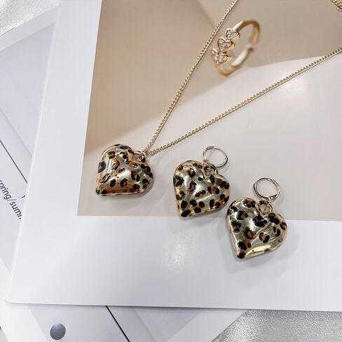 Leopard Print Heart Earrings Necklace Jewelry Set for Women Gold-Tone Exaggerated Heart Shaped Animal Print Pendant Necklaces Chunky Statement Dangling Hoop Earrings Adjustable Chain Fashion Trendy Jewelry in Kuwait