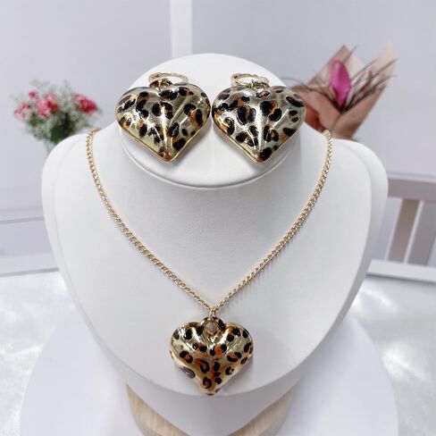 Leopard Print Heart Earrings Necklace Jewelry Set for Women Gold-Tone Exaggerated Heart Shaped Animal Print Pendant Necklaces Chunky Statement Dangling Hoop Earrings Adjustable Chain Fashion Trendy Jewelry in Kuwait