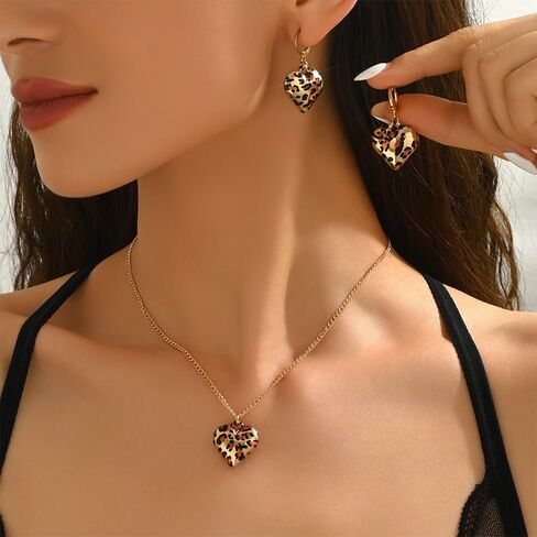 Leopard Print Heart Earrings Necklace Jewelry Set for Women Gold-Tone Exaggerated Heart Shaped Animal Print Pendant Necklaces Chunky Statement Dangling Hoop Earrings Adjustable Chain Fashion Trendy Jewelry in Kuwait