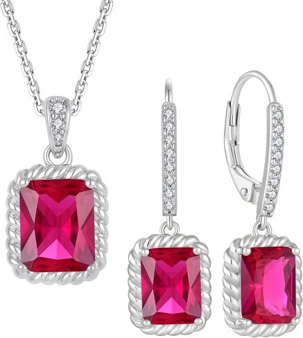 Ruby Jewelry Set Silver Tone July Birthstone Necklace Earrings Emerald Cut Jewelry for Women in Saudi Arabia