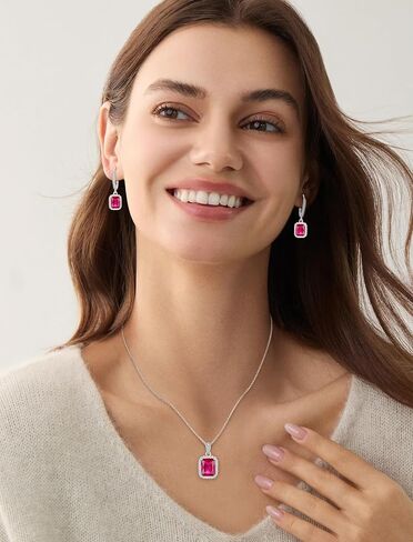 Ruby Jewelry Set Silver Tone July Birthstone Necklace Earrings Emerald Cut Jewelry for Women in Saudi Arabia