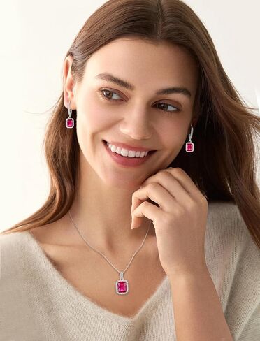 Ruby Jewelry Set Silver Tone July Birthstone Necklace Earrings Emerald Cut Jewelry for Women in Saudi Arabia