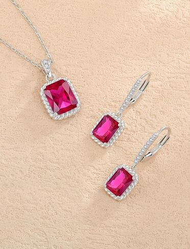 Ruby Jewelry Set Silver Tone July Birthstone Necklace Earrings Emerald Cut Jewelry for Women in Saudi Arabia