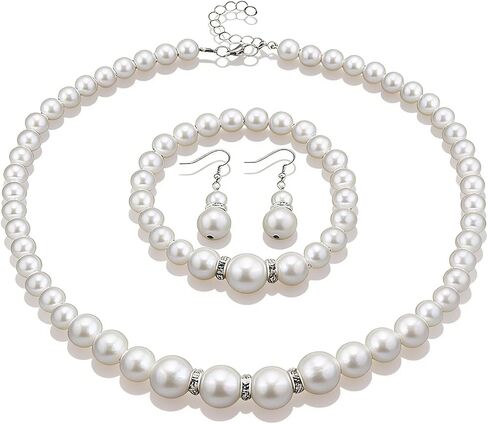 Pearl Jewelry Set for Women Rhinestone Faux Pearl Necklace and Earrings Bracelet Set White Crystal Pearl Stud Earrings Jewelry Sets Wedding Birthday Bridal Shower Jewelry Accessories in Saudi Arabia