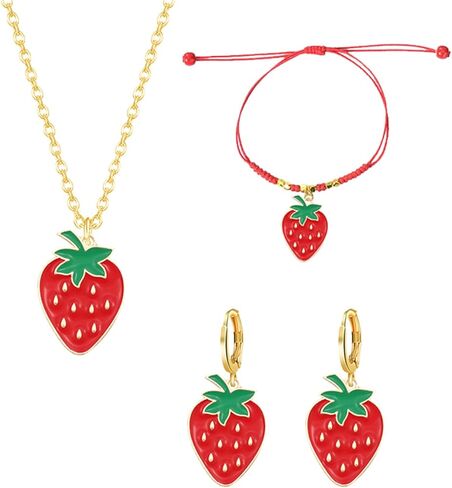 Dreuyet Sweet Simulated Fruit Jewelry Sets for Women Fashion Red Strawberry Cherry Hoop Earrings Charming Handmade Braided Rope Cherry Pendant Bracelet Summer Holiday Gifts in Kuwait