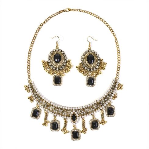 NewZenro Rectangle CZ Beaded Tassel Dangle Drop Earrings Crystal Imitation Pearl Layered Pendant Necklace Set for Women Vintage Indian Traditional Fashion Trendy Bollywood Jewelry in Kuwait