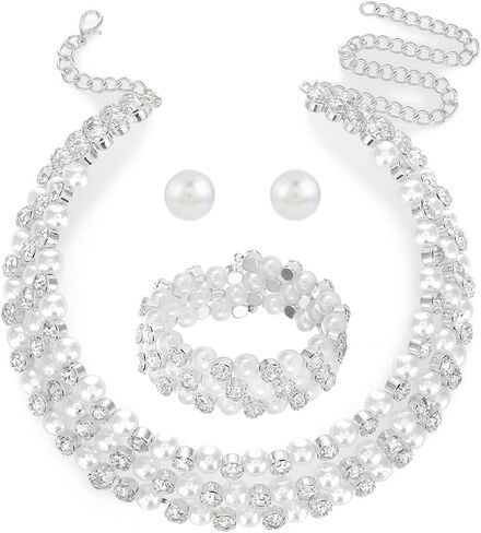 3PCS Gold Rhinestone Necklace Set for Women Pearl Choker Bracelet and Earrings Crystal Necklaces for Women Rave Wedding Jewelry in Kuwait