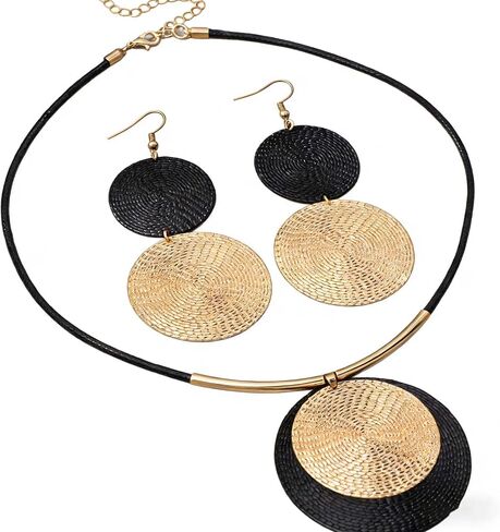 Vintage Black and Gold Jewelry Set for Women - Large Round Pendant Necklace and Dangle Earrings Retro Boho Statement Costume Accessories Gift in Saudi Arabia