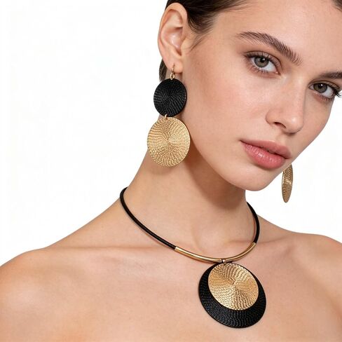 Vintage Black and Gold Jewelry Set for Women - Large Round Pendant Necklace and Dangle Earrings Retro Boho Statement Costume Accessories Gift in Saudi Arabia