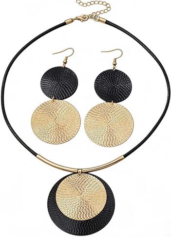 Vintage Black and Gold Jewelry Set for Women - Large Round Pendant Necklace and Dangle Earrings Retro Boho Statement Costume Accessories Gift in Saudi Arabia