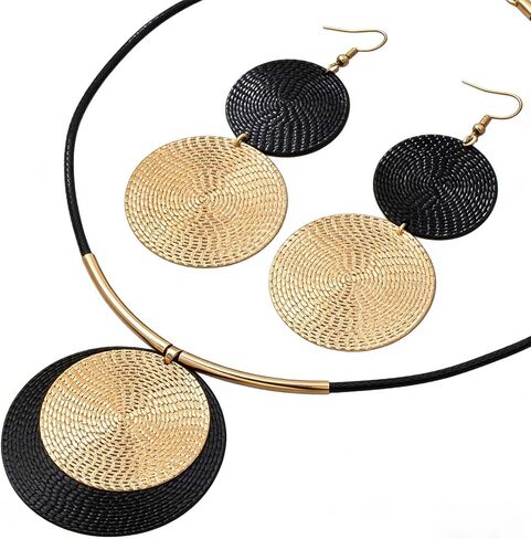 Vintage Black and Gold Jewelry Set for Women - Large Round Pendant Necklace and Dangle Earrings Retro Boho Statement Costume Accessories Gift in Saudi Arabia