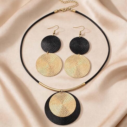 Vintage Black and Gold Jewelry Set for Women - Large Round Pendant Necklace and Dangle Earrings Retro Boho Statement Costume Accessories Gift in Saudi Arabia