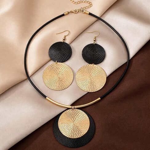 Vintage Black and Gold Jewelry Set for Women - Large Round Pendant Necklace and Dangle Earrings Retro Boho Statement Costume Accessories Gift in Saudi Arabia