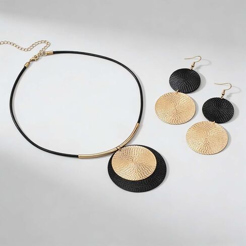 Vintage Black and Gold Jewelry Set for Women - Large Round Pendant Necklace and Dangle Earrings Retro Boho Statement Costume Accessories Gift in Saudi Arabia