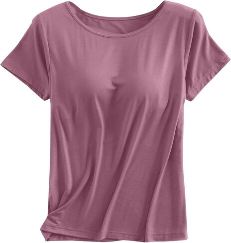 Built in Bra Tops Women Short Sleeve Workout Yoga Crewneck Basic Shirts Padded Soft Athletic Shelf Bras Blouse in Saudi Arabia