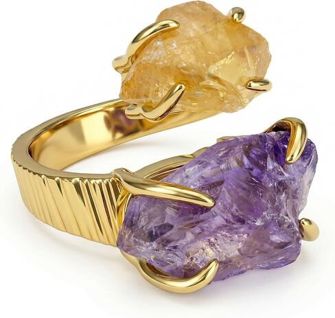 Raw Aquamarine Citrine Ring, Handmade Natural Irregular Gemstone Rings for Women, Gold Plated Open Adjustable Double Stone Rings in Saudi Arabia