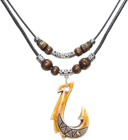 Fish Hook Resin Pendant Necklace Hemp Cord Chain - Maori Tribal Double Layer Necklace - Adjustable in Saudi Arabia
