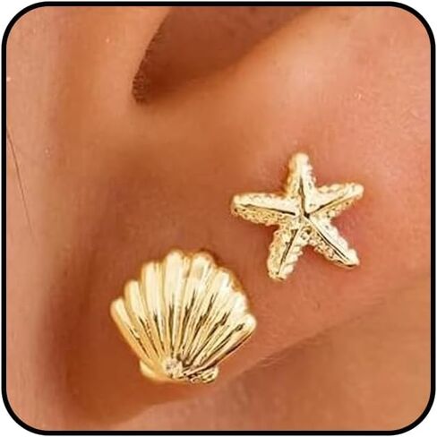 Dainty Gold Starfish Seashell Stud Earrings for Women Small Cute Sea Shell Star Earrings Trendy Tiny Ocean Earring Beach Vaction Jewelry Accessories in Kuwait