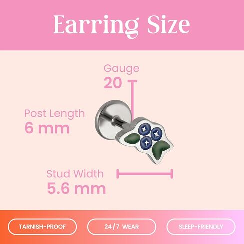 Cords Club Blueberry Bunch Enamel Flat Back Stud – ASTM-F136 Implant Grade Titanium - Push Pin Design for Sensitive Ears – Available in 18K Gold PVD Plated & Titanium Silver (Single Earring) in Saudi Arabia