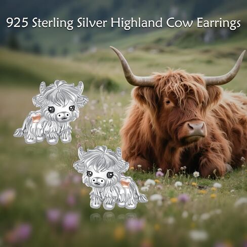 925 Sterling Silver Highland Cow Earrings Two Tone Hypoallergenic Scottish Cow Stud Earrings with Safety Screwback Animal Jewelry Gifts for Women in Saudi Arabia