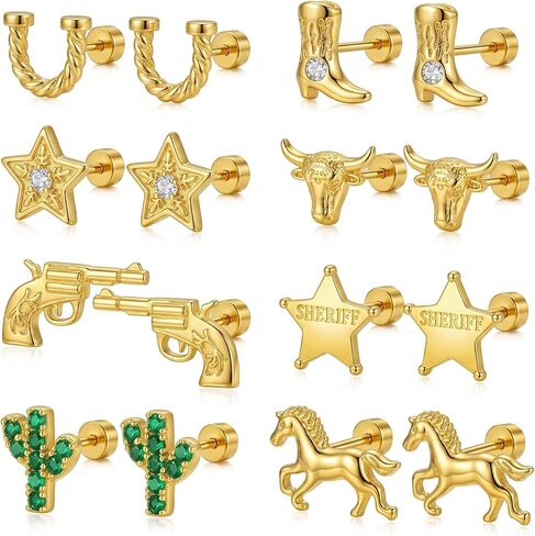 Unittype 8 أزواج راعية البقر أقراط ترصيع أحذية حدوة الحصان شكل الصبار المسمار الخلفي أقراط 14K مطلية بالذهب المجوهرات الغربية هدية للنساء in Kuwait