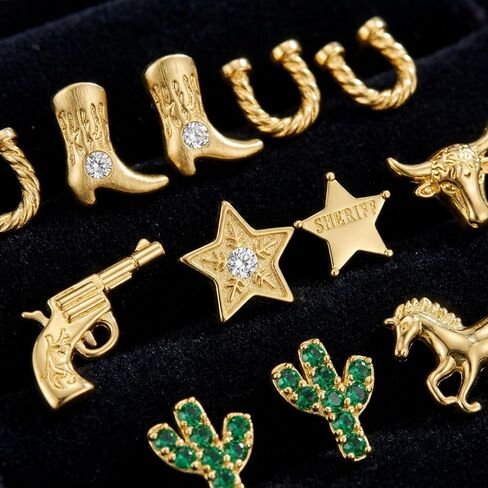 Unittype 8 أزواج راعية البقر أقراط ترصيع أحذية حدوة الحصان شكل الصبار المسمار الخلفي أقراط 14K مطلية بالذهب المجوهرات الغربية هدية للنساء in Kuwait