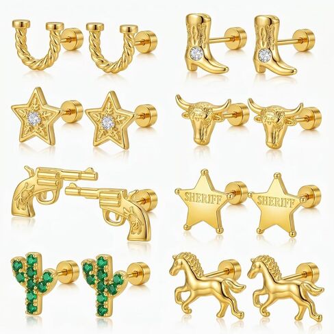 Unittype 8 أزواج راعية البقر أقراط ترصيع أحذية حدوة الحصان شكل الصبار المسمار الخلفي أقراط 14K مطلية بالذهب المجوهرات الغربية هدية للنساء in Kuwait