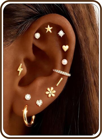 18K Gold Plated & Silver Earrings Set for Sensitive Ears, 10 Pairs Hypoallergenic 316L Surgical Steel Studs & Small Hoops, Lightweight Flat Back Piercing Earrings, Dainty Stackable Daily Jewelry Gifts for Women in Saudi Arabia