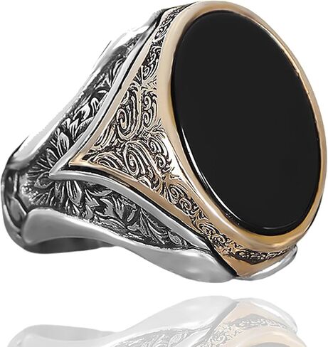 Mens Oval Black Onyx Signet Ring Premium Silver Plated Stainless Steel Vintage Engraved Statement Ring for Men in Saudi Arabia