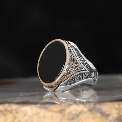 Mens Oval Black Onyx Signet Ring Premium Silver Plated Stainless Steel Vintage Engraved Statement Ring for Men in Saudi Arabia