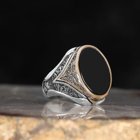 Mens Oval Black Onyx Signet Ring Premium Silver Plated Stainless Steel Vintage Engraved Statement Ring for Men in Saudi Arabia