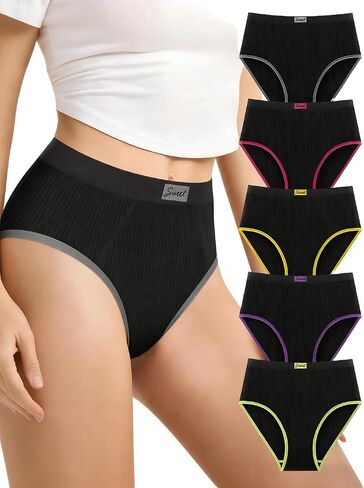 Women's Mid High Waist Tummy Control & Full Coverage Panties, Seamless Nylon Color Block Soft Breathable Briefs 5-Pack in Kuwait