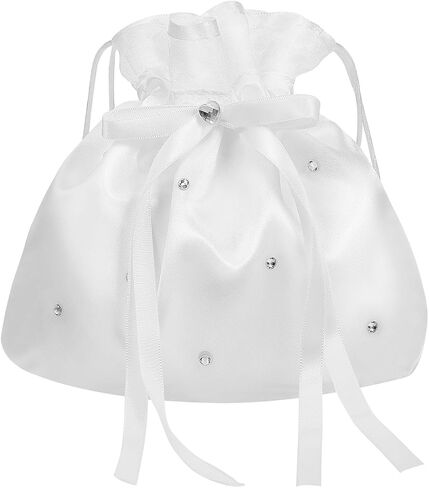 Didiseaon White Satin Bridal Wedding Money Bag, Fine Fabric Drawstring Purse for Wedding Reception and Bride Money Dance, Bridesmaid Pouch for Cards 8.5x7.7in in Kuwait