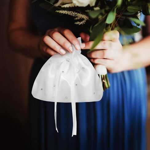 Didiseaon White Satin Bridal Wedding Money Bag, Fine Fabric Drawstring Purse for Wedding Reception and Bride Money Dance, Bridesmaid Pouch for Cards 8.5x7.7in in Kuwait