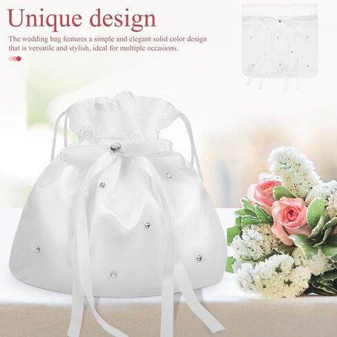 Didiseaon White Satin Bridal Wedding Money Bag, Fine Fabric Drawstring Purse for Wedding Reception and Bride Money Dance, Bridesmaid Pouch for Cards 8.5x7.7in in Kuwait