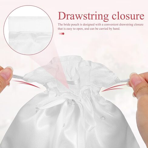 Didiseaon White Satin Bridal Wedding Money Bag, Fine Fabric Drawstring Purse for Wedding Reception and Bride Money Dance, Bridesmaid Pouch for Cards 8.5x7.7in in Kuwait