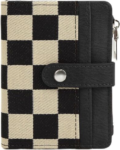 RFID Blocking PU Leather Bifold Wallet for Women, 8 Card Slots with ID Window,Snap Button Closure, Stylish White&Black Checkered Pattern in Saudi Arabia