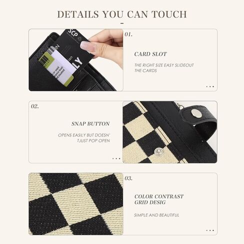 RFID Blocking PU Leather Bifold Wallet for Women, 8 Card Slots with ID Window,Snap Button Closure, Stylish White&Black Checkered Pattern in Saudi Arabia