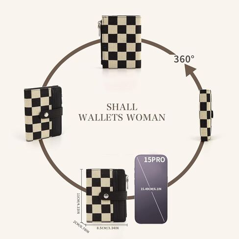 RFID Blocking PU Leather Bifold Wallet for Women, 8 Card Slots with ID Window,Snap Button Closure, Stylish White&Black Checkered Pattern in Saudi Arabia